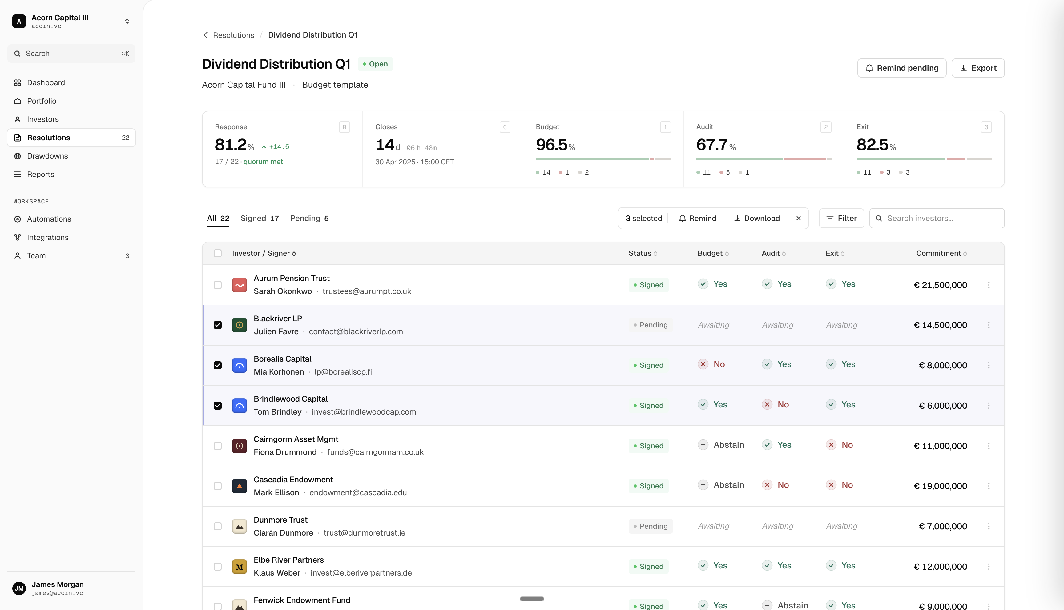 Monitoring view with three rows selected, revealing a contextual action bar with Remind and Download actions