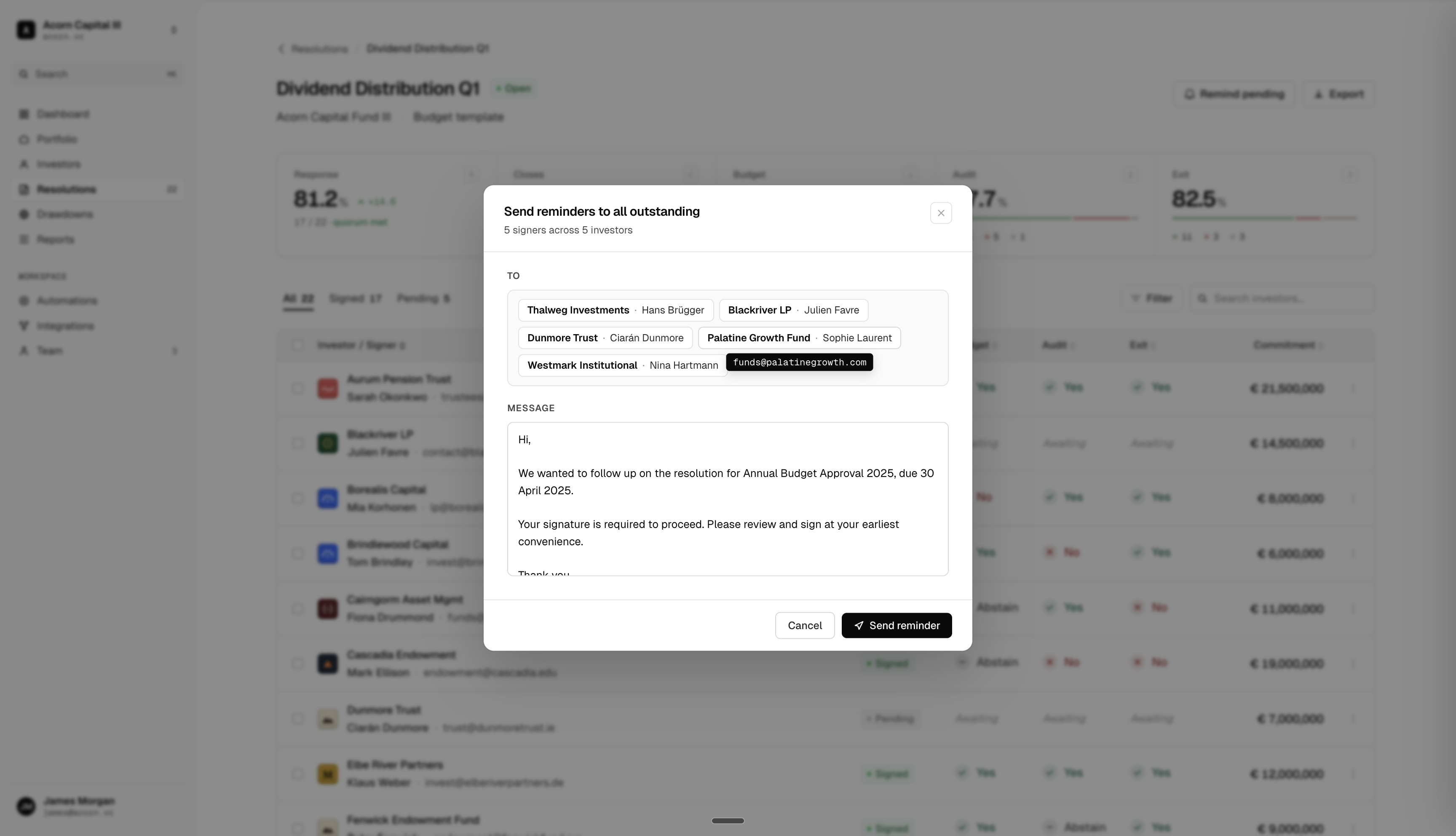 Send reminders modal addressed to all outstanding signers - recipient chips, editable message, and Send reminder action