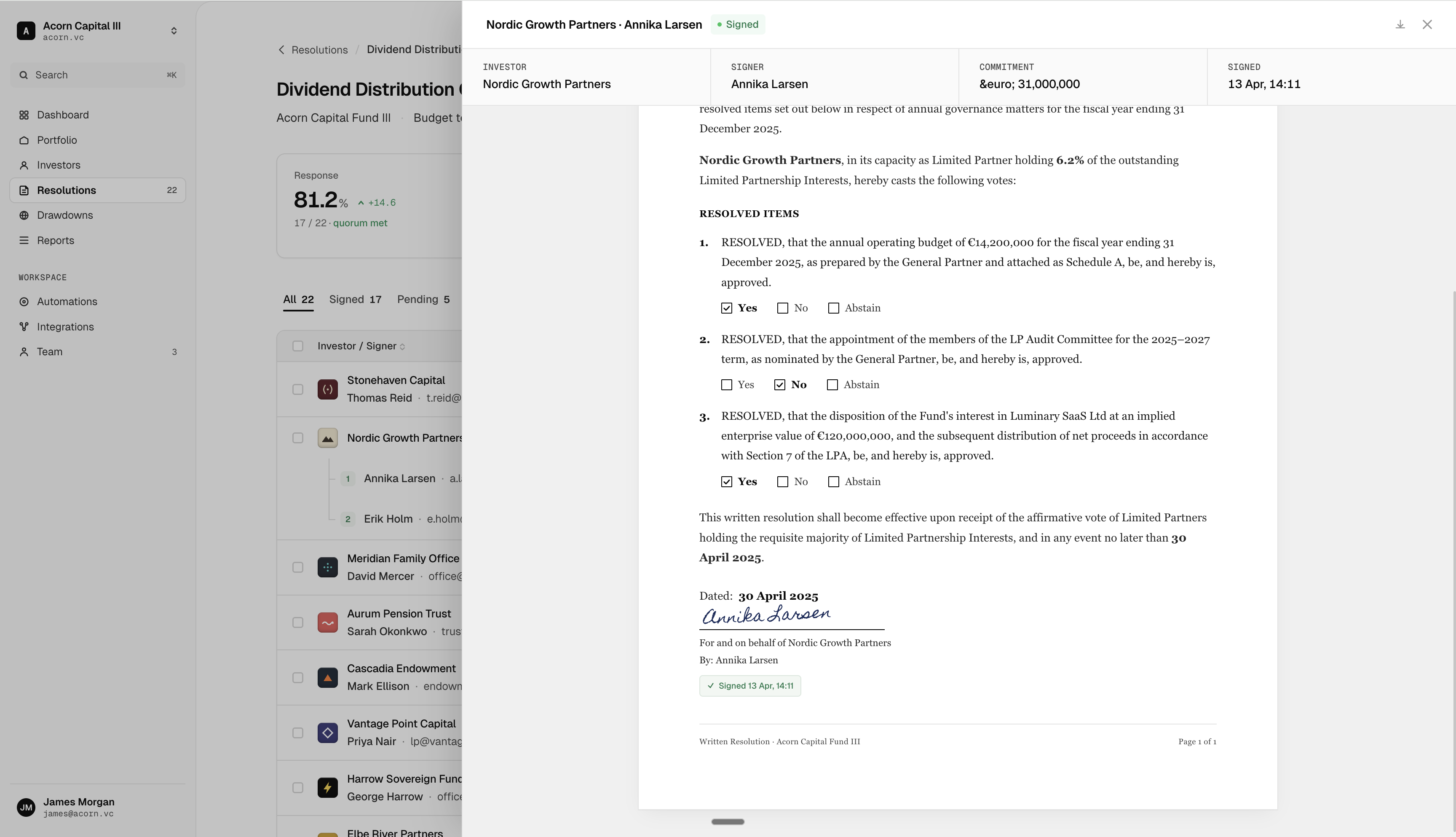 Signed document drawer - Nordic Growth Partners · Annika Larsen with per-question Yes/No/Abstain captured via DocuSign anchors and signature block