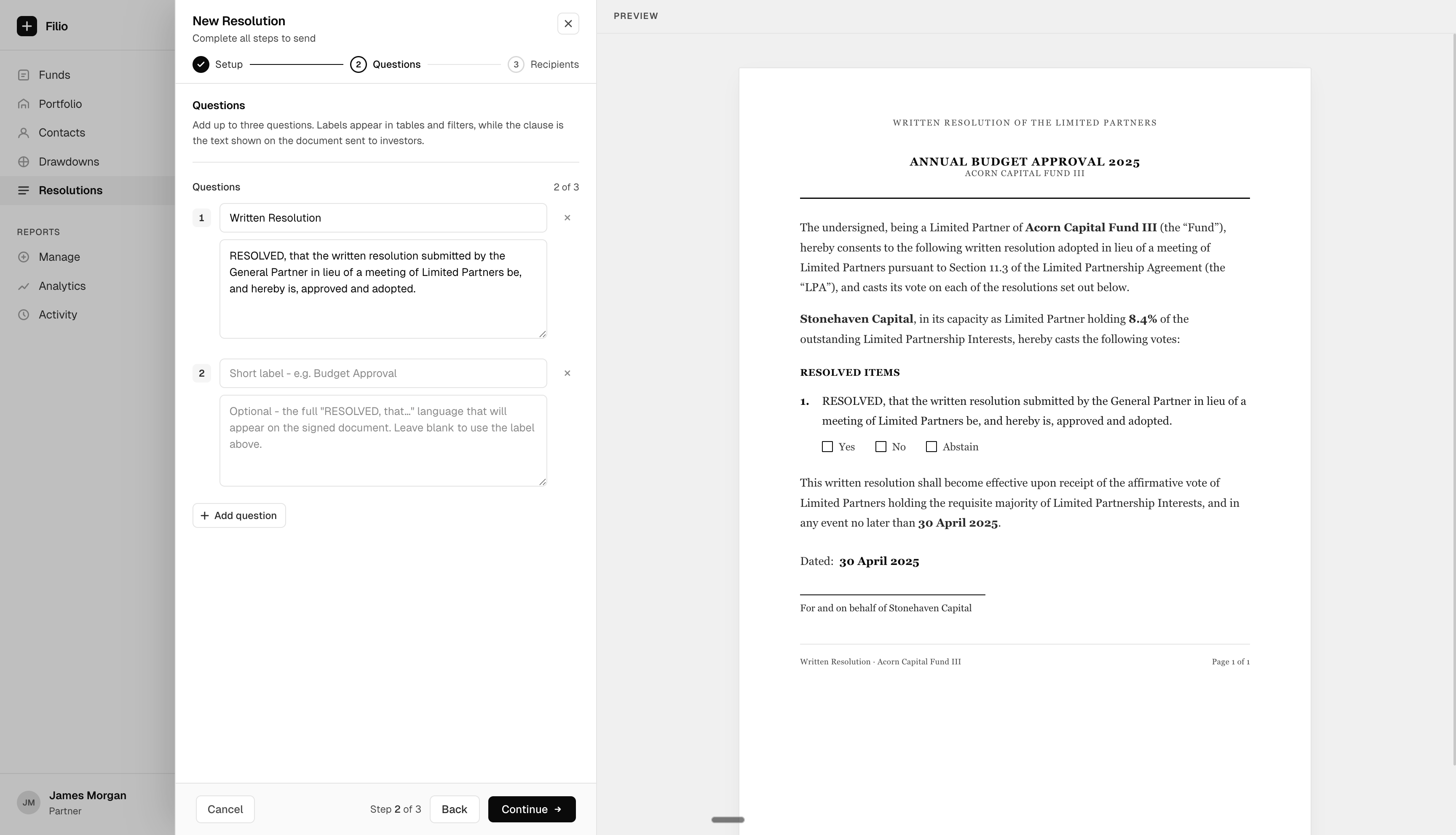 New Resolution questions step - per-question label and RESOLVED clause with live preview on the right