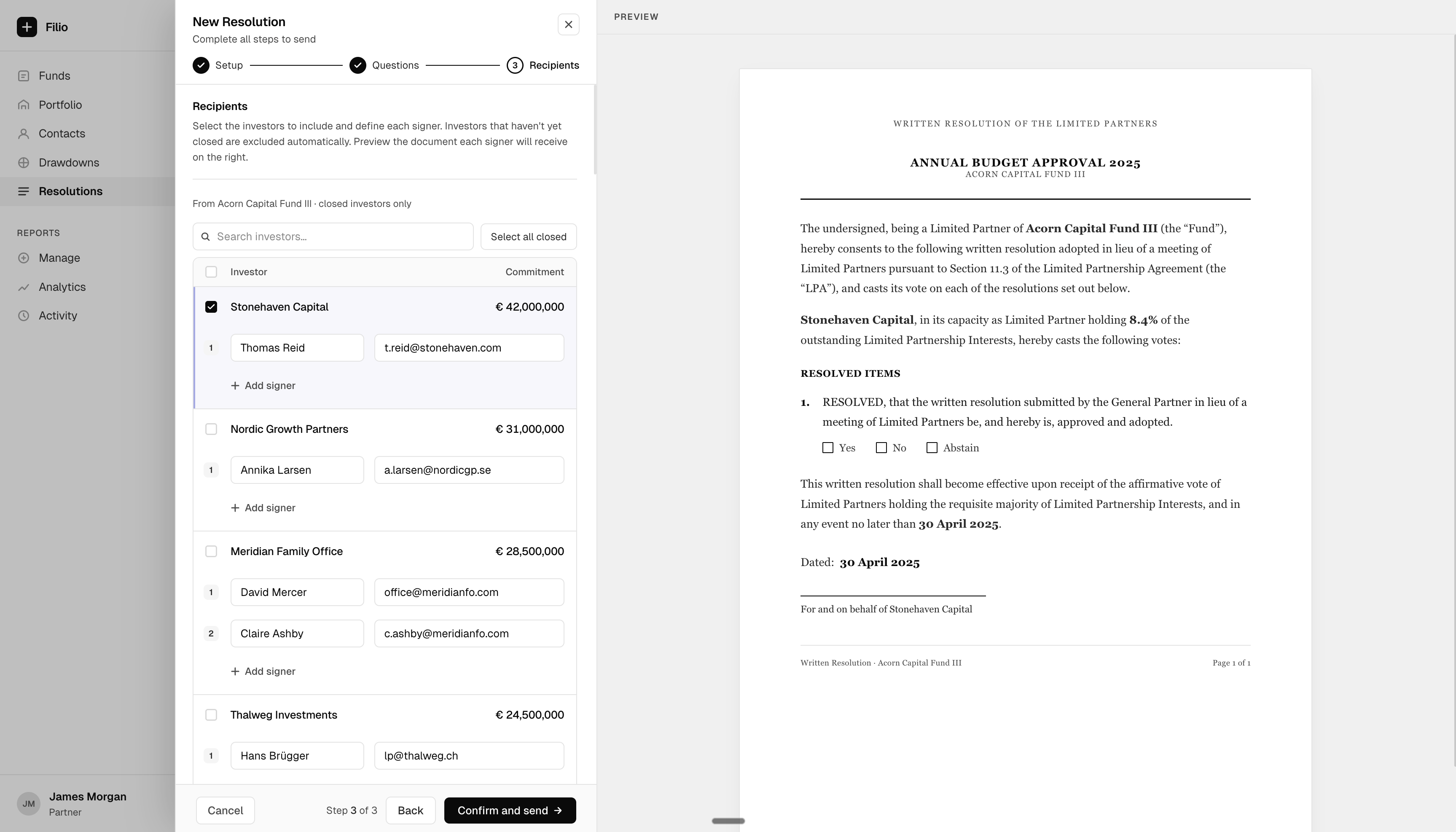 New Resolution recipients step - closed investors with commitment amounts, signer name and email fields, and add-signer action