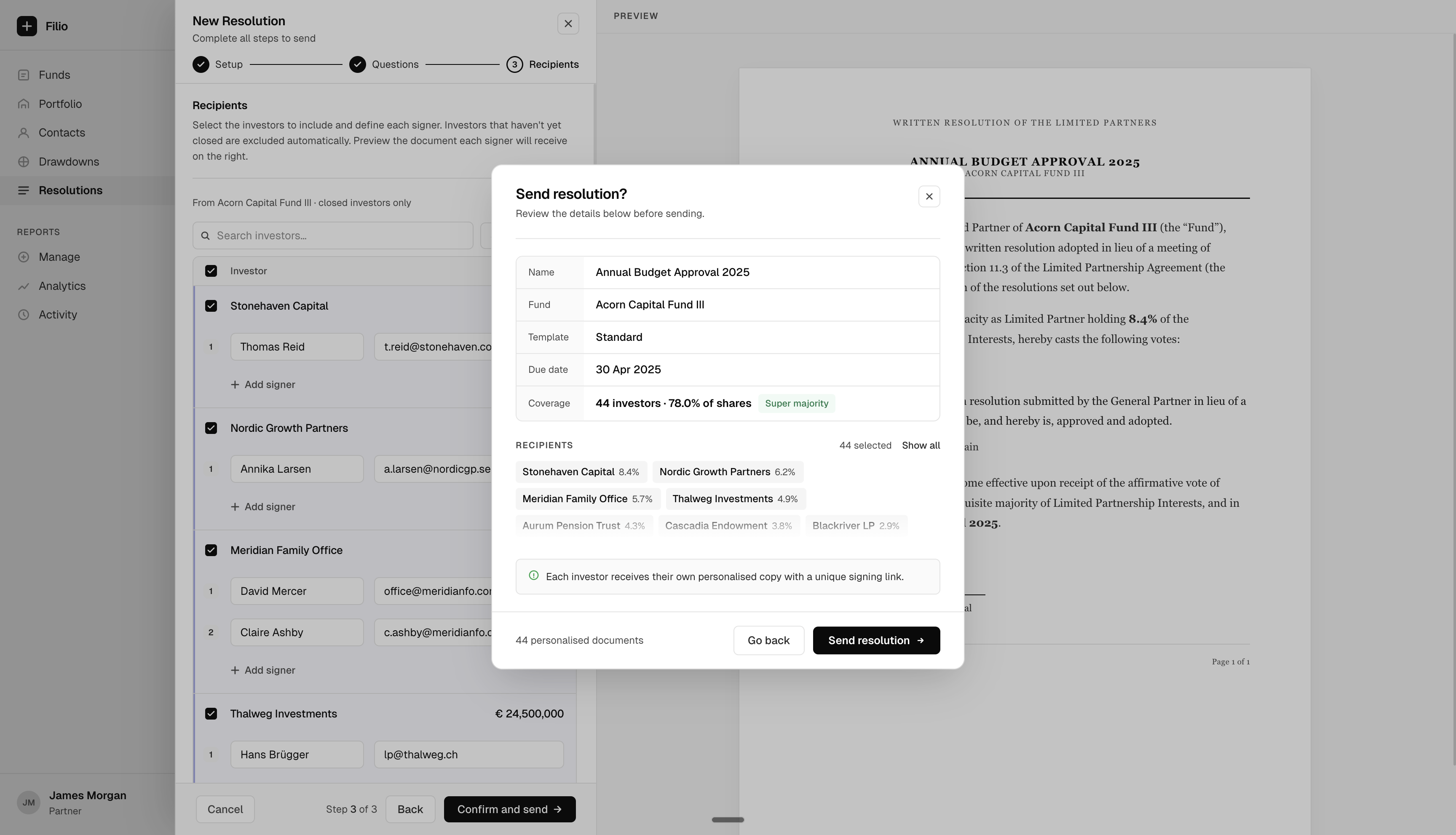 Send resolution confirmation modal - name, fund, template, due date, coverage with super-majority status, and recipient chips