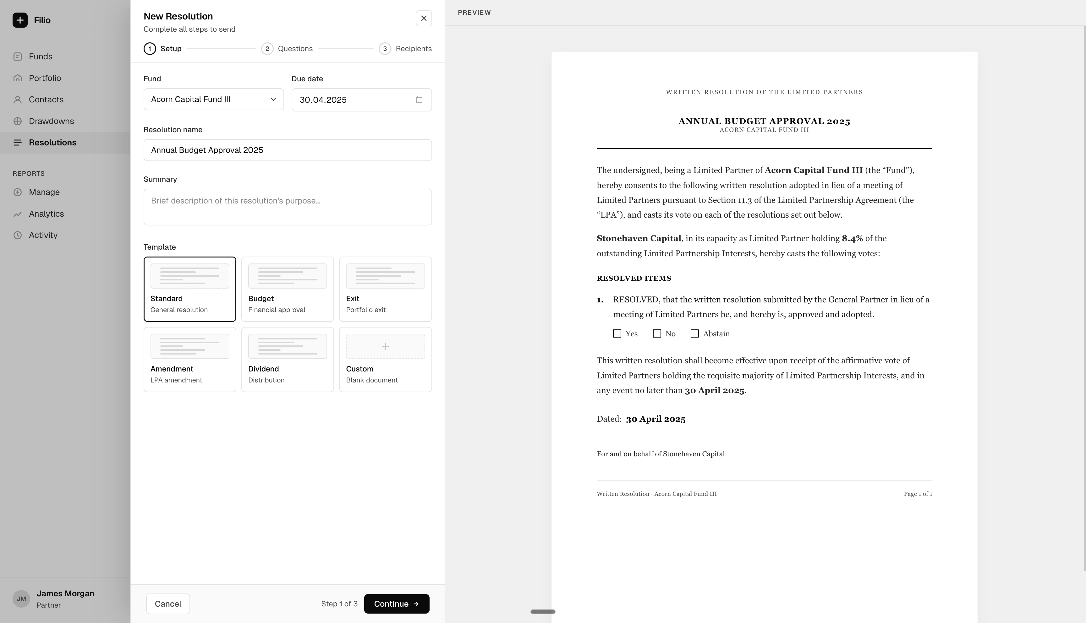 New Resolution setup step - fund, due date, name, summary, and template selection with live A4 document preview